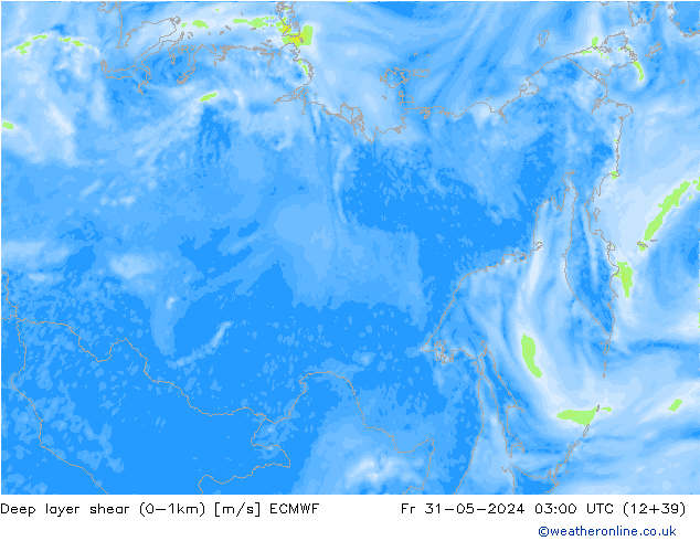 Deep layer shear (0-1km) ECMWF  31.05.2024 03 UTC