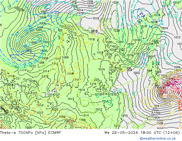 Theta-e 700hPa ECMWF We 29.05.2024 18 UTC