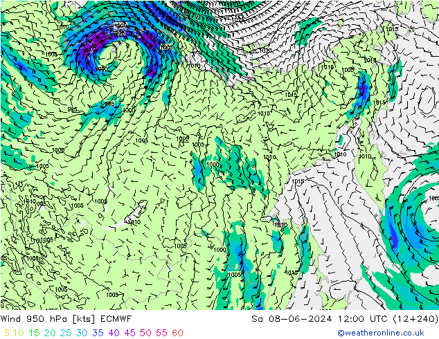 Rüzgar 950 hPa ECMWF Cts 08.06.2024 12 UTC