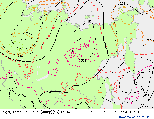 Height/Temp. 700 hPa ECMWF śro. 29.05.2024 15 UTC