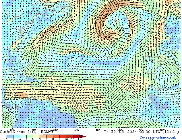 Surface wind (bft) ECMWF Th 30.05.2024 09 UTC