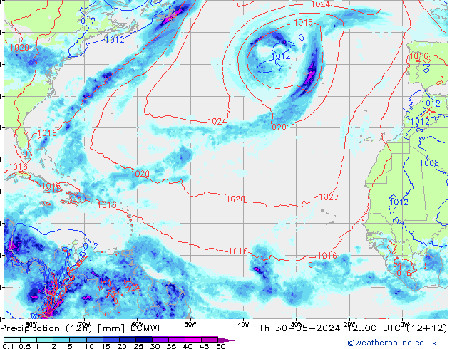 Totale neerslag (12h) ECMWF do 30.05.2024 00 UTC