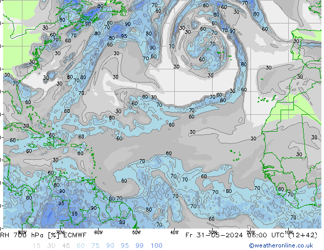 RH 700 гПа ECMWF пт 31.05.2024 06 UTC