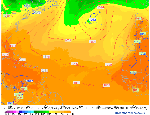 Thck 850-1000 hPa ECMWF Qui 30.05.2024 00 UTC