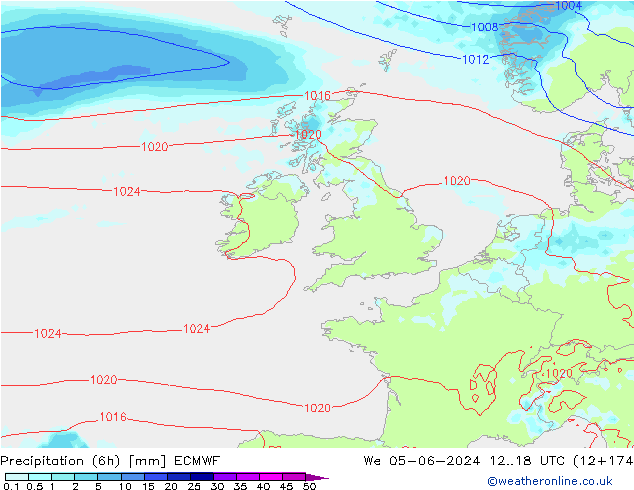 Precipitation (6h) ECMWF We 05.06.2024 18 UTC