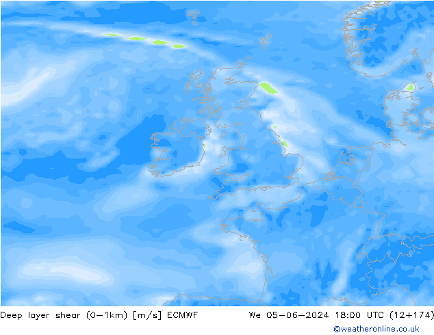 Deep layer shear (0-1km) ECMWF We 05.06.2024 18 UTC