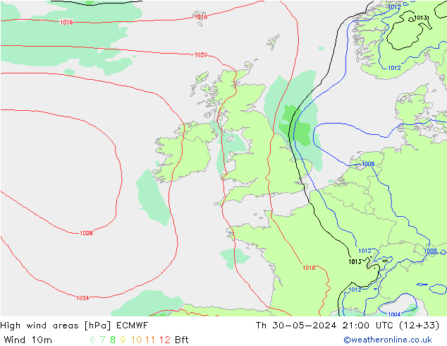 High wind areas ECMWF Th 30.05.2024 21 UTC