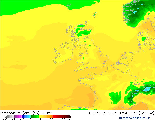 Temperature (2m) ECMWF Tu 04.06.2024 00 UTC