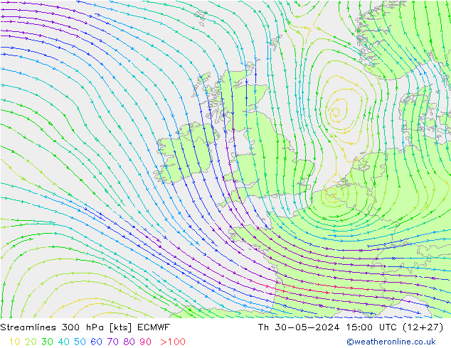 Ligne de courant 300 hPa ECMWF jeu 30.05.2024 15 UTC