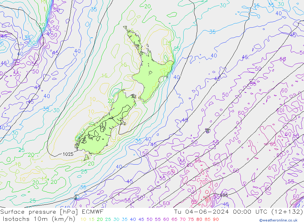 Isotachs (kph) ECMWF Tu 04.06.2024 00 UTC