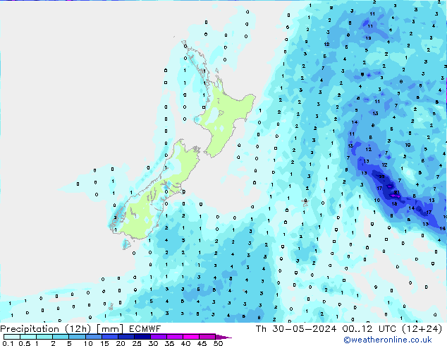 Totale neerslag (12h) ECMWF do 30.05.2024 12 UTC