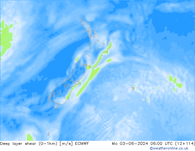 Deep layer shear (0-1km) ECMWF lun 03.06.2024 06 UTC