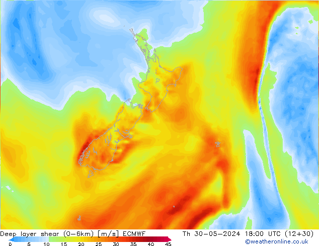 Deep layer shear (0-6km) ECMWF Th 30.05.2024 18 UTC