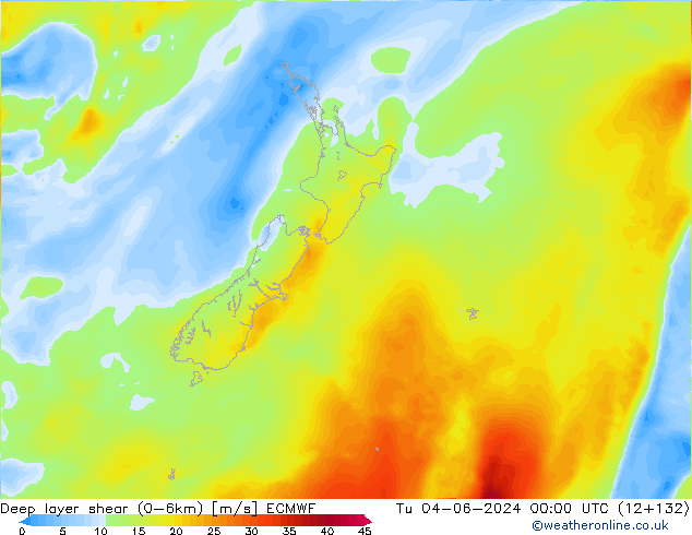 Deep layer shear (0-6km) ECMWF Tu 04.06.2024 00 UTC