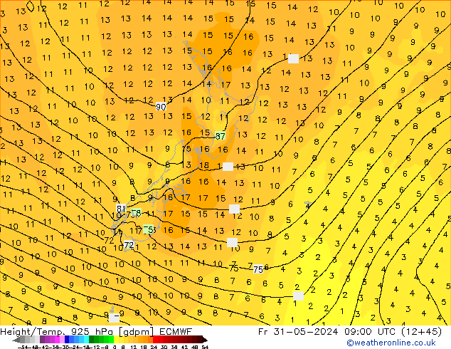 Height/Temp. 925 hPa ECMWF Pá 31.05.2024 09 UTC