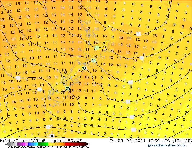 Height/Temp. 925 hPa ECMWF We 05.06.2024 12 UTC