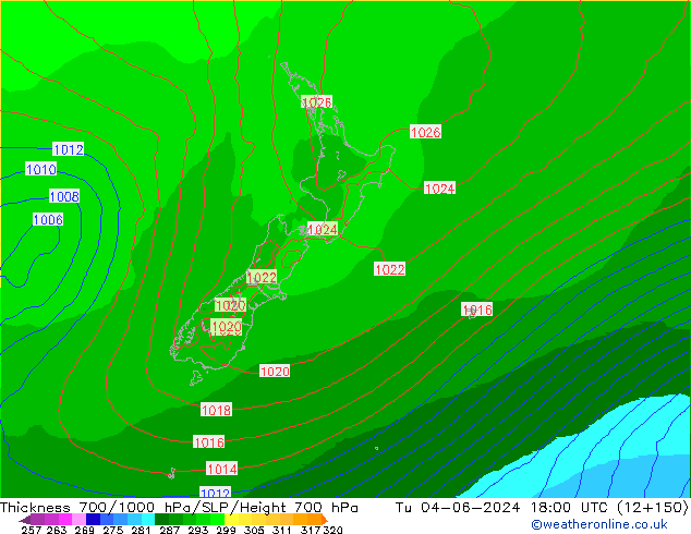 Thck 700-1000 гПа ECMWF вт 04.06.2024 18 UTC