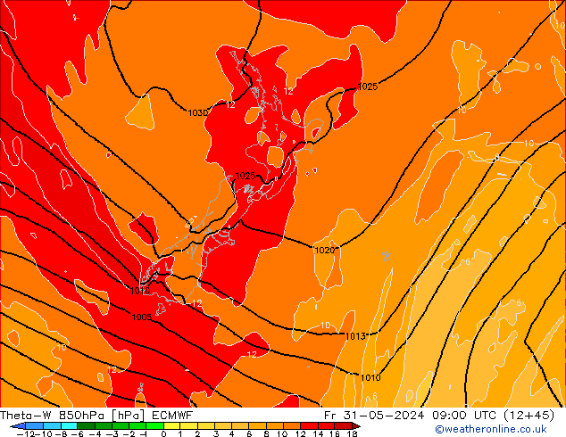 Theta-W 850hPa ECMWF Pá 31.05.2024 09 UTC