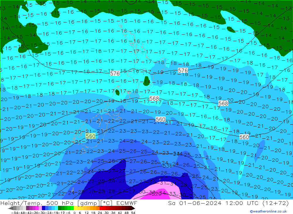 Height/Temp. 500 hPa ECMWF Sa 01.06.2024 12 UTC