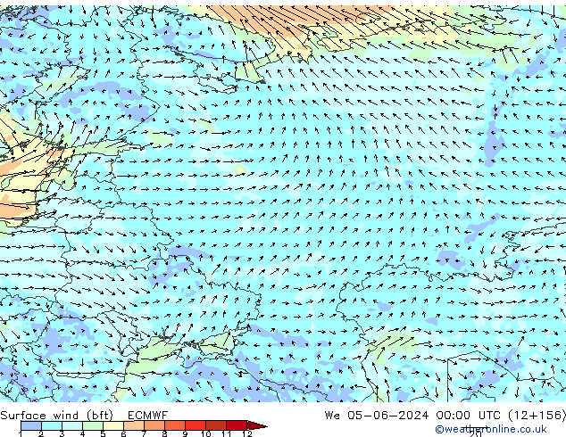 wiatr 10 m (bft) ECMWF śro. 05.06.2024 00 UTC