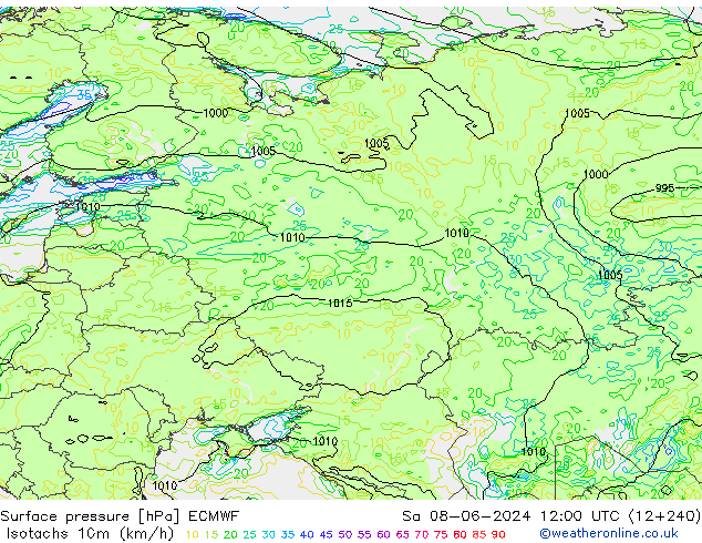 Isotachs (kph) ECMWF sab 08.06.2024 12 UTC