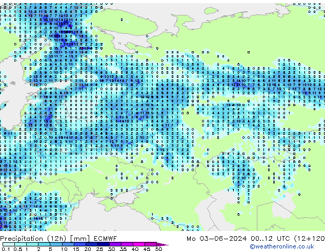 Precipitation (12h) ECMWF Mo 03.06.2024 12 UTC