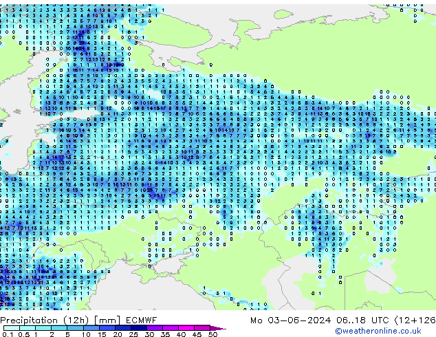 Precipitation (12h) ECMWF Po 03.06.2024 18 UTC