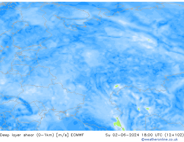 Deep layer shear (0-1km) ECMWF Su 02.06.2024 18 UTC