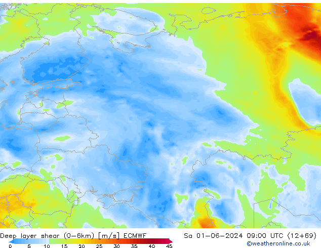 Deep layer shear (0-6km) ECMWF sáb 01.06.2024 09 UTC