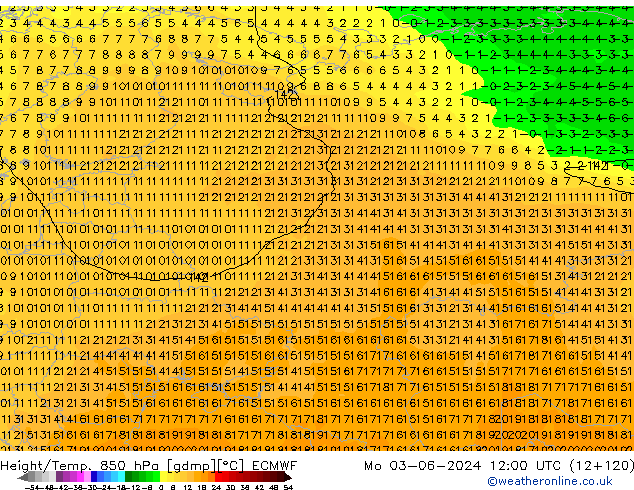 Height/Temp. 850 hPa ECMWF Po 03.06.2024 12 UTC