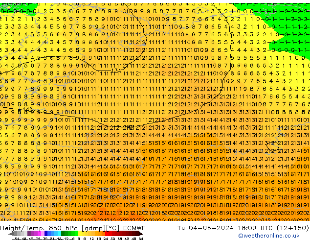 Height/Temp. 850 hPa ECMWF Út 04.06.2024 18 UTC