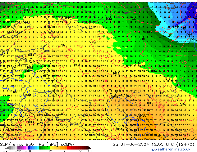 SLP/Temp. 850 hPa ECMWF Sa 01.06.2024 12 UTC