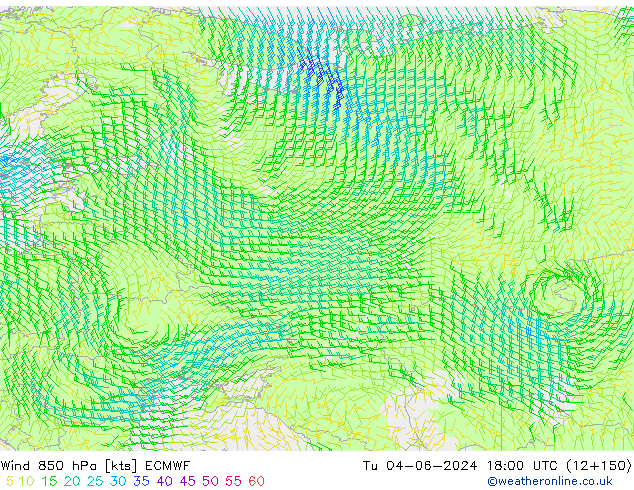 wiatr 850 hPa ECMWF wto. 04.06.2024 18 UTC