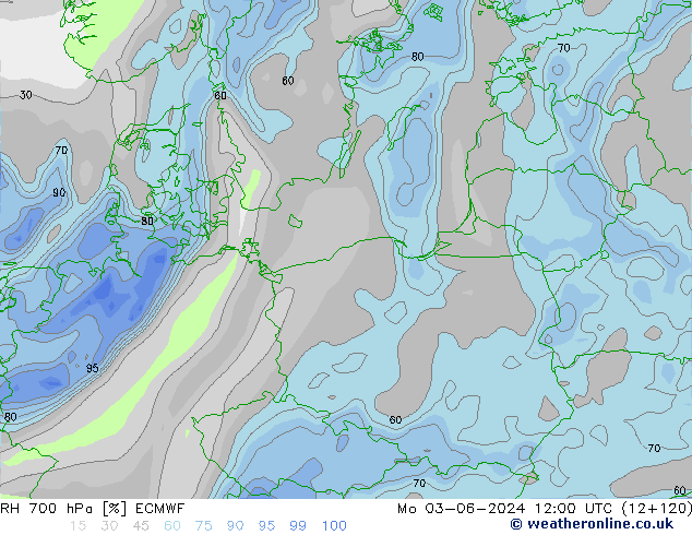 RH 700 hPa ECMWF Seg 03.06.2024 12 UTC