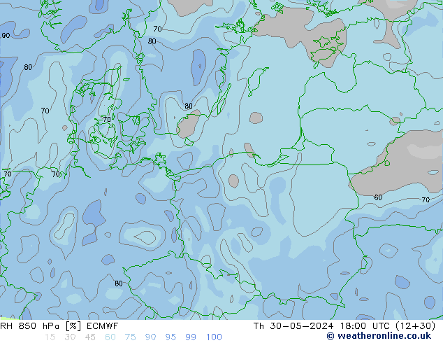 Humedad rel. 850hPa ECMWF jue 30.05.2024 18 UTC