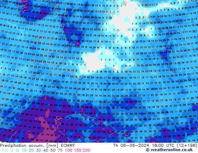 Precipitation accum. ECMWF Th 06.06.2024 18 UTC