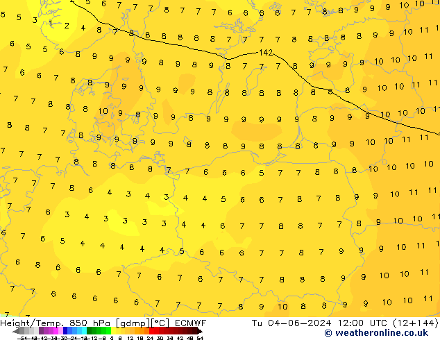 Height/Temp. 850 hPa ECMWF Di 04.06.2024 12 UTC