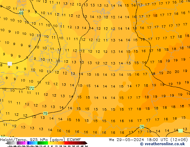 Height/Temp. 925 hPa ECMWF Mi 29.05.2024 18 UTC