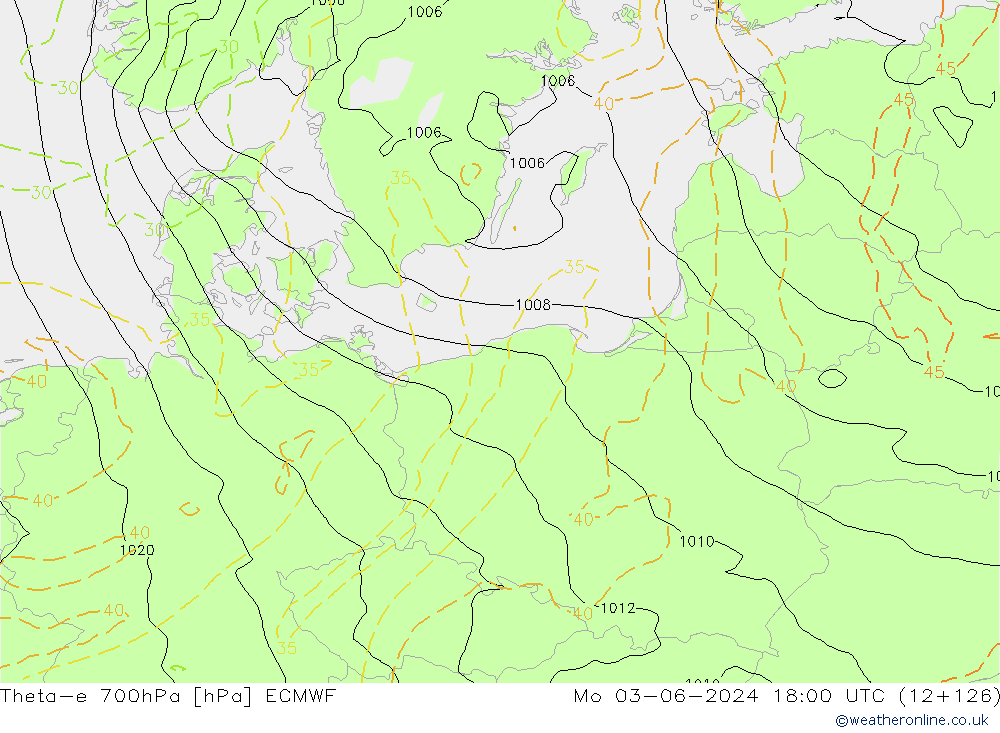 Theta-e 700hPa ECMWF Po 03.06.2024 18 UTC