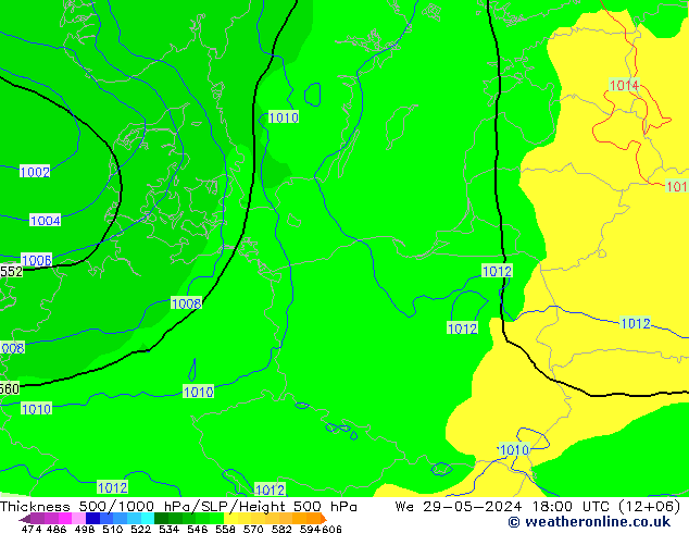 Espesor 500-1000 hPa ECMWF mié 29.05.2024 18 UTC