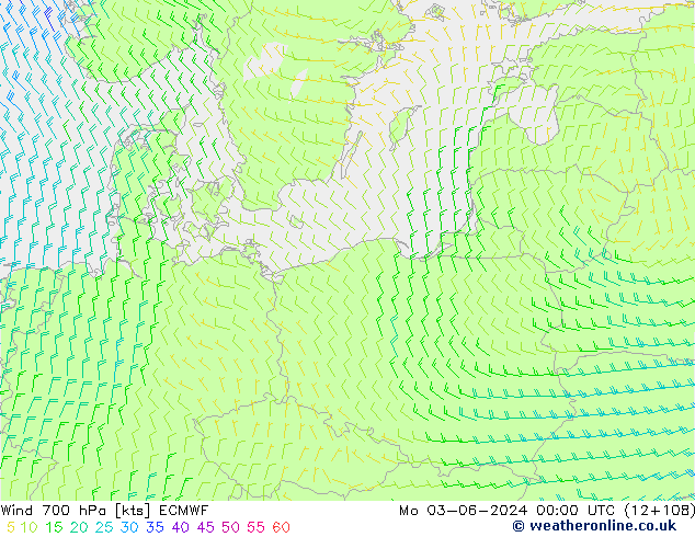 Vento 700 hPa ECMWF Seg 03.06.2024 00 UTC