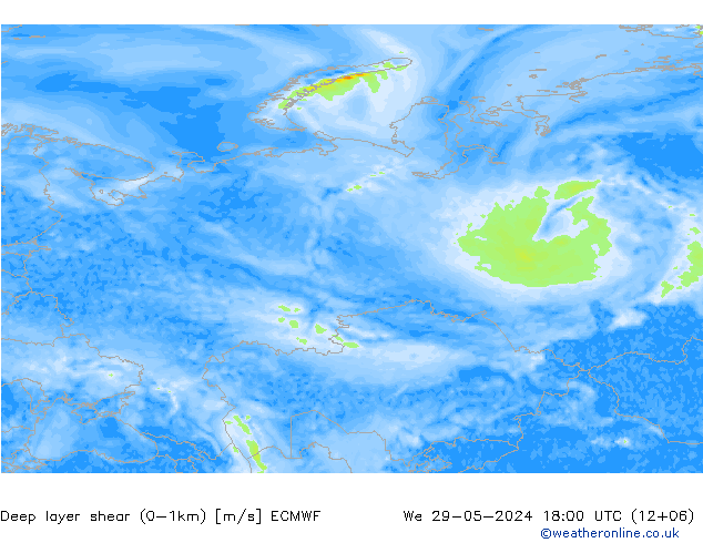 Deep layer shear (0-1km) ECMWF mer 29.05.2024 18 UTC