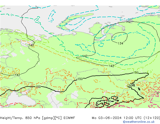 Height/Temp. 850 hPa ECMWF Po 03.06.2024 12 UTC