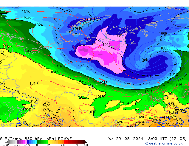 SLP/Temp. 850 гПа ECMWF ср 29.05.2024 18 UTC