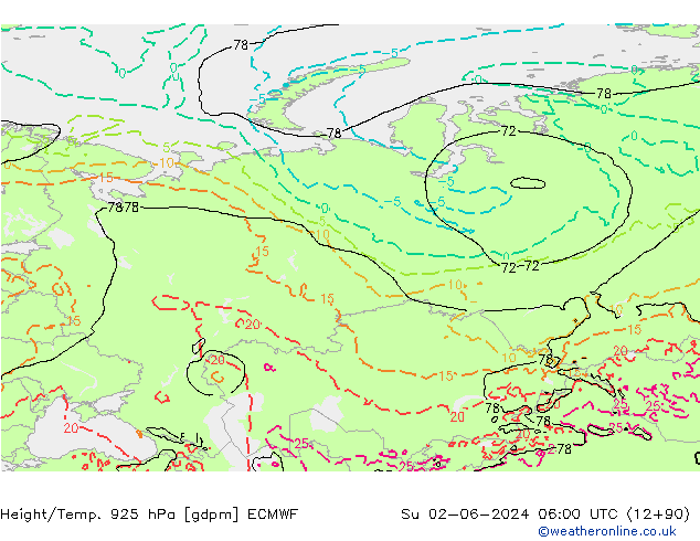 Height/Temp. 925 hPa ECMWF Su 02.06.2024 06 UTC