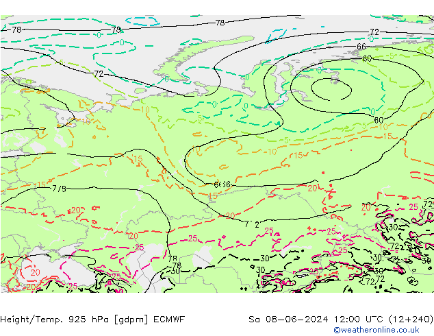 Height/Temp. 925 hPa ECMWF Sa 08.06.2024 12 UTC