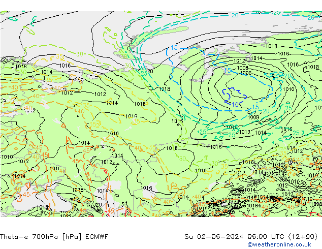 Theta-e 700hPa ECMWF Ne 02.06.2024 06 UTC