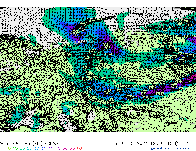 Vento 700 hPa ECMWF Qui 30.05.2024 12 UTC