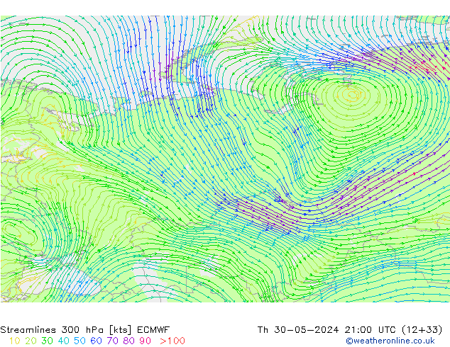 Streamlines 300 hPa ECMWF Th 30.05.2024 21 UTC