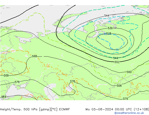 Z500/Rain (+SLP)/Z850 ECMWF Mo 03.06.2024 00 UTC